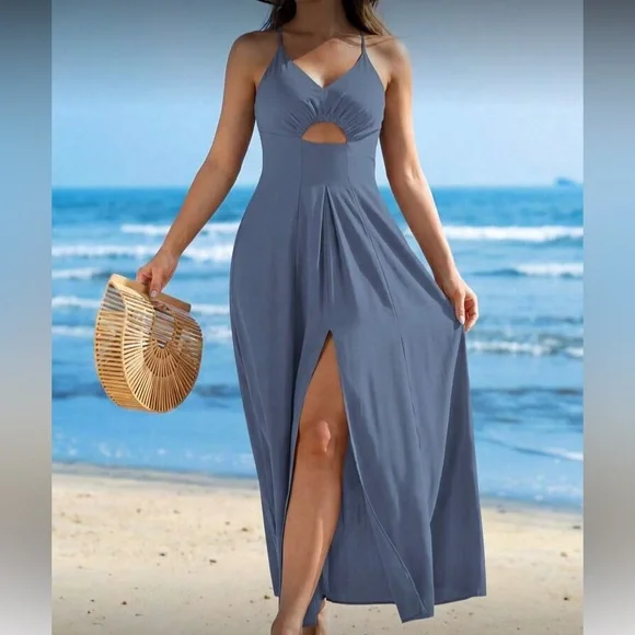 Blue Cutout Maxi Dress with Slit - Picture 4 of 6